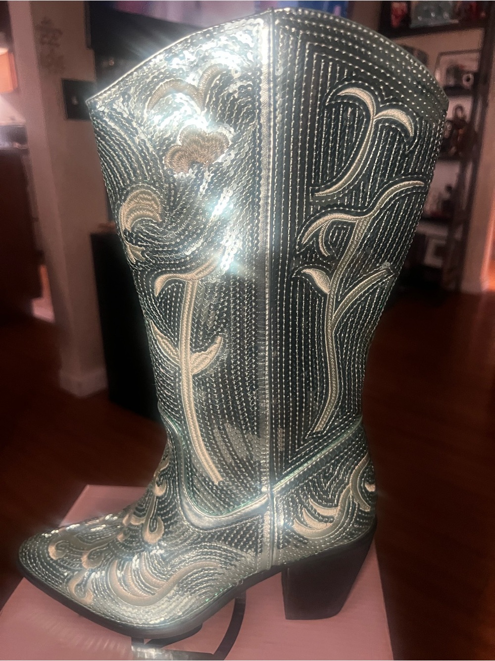 Hawkwell Teal and Cream Embroidered Heeled Cowboy Boots